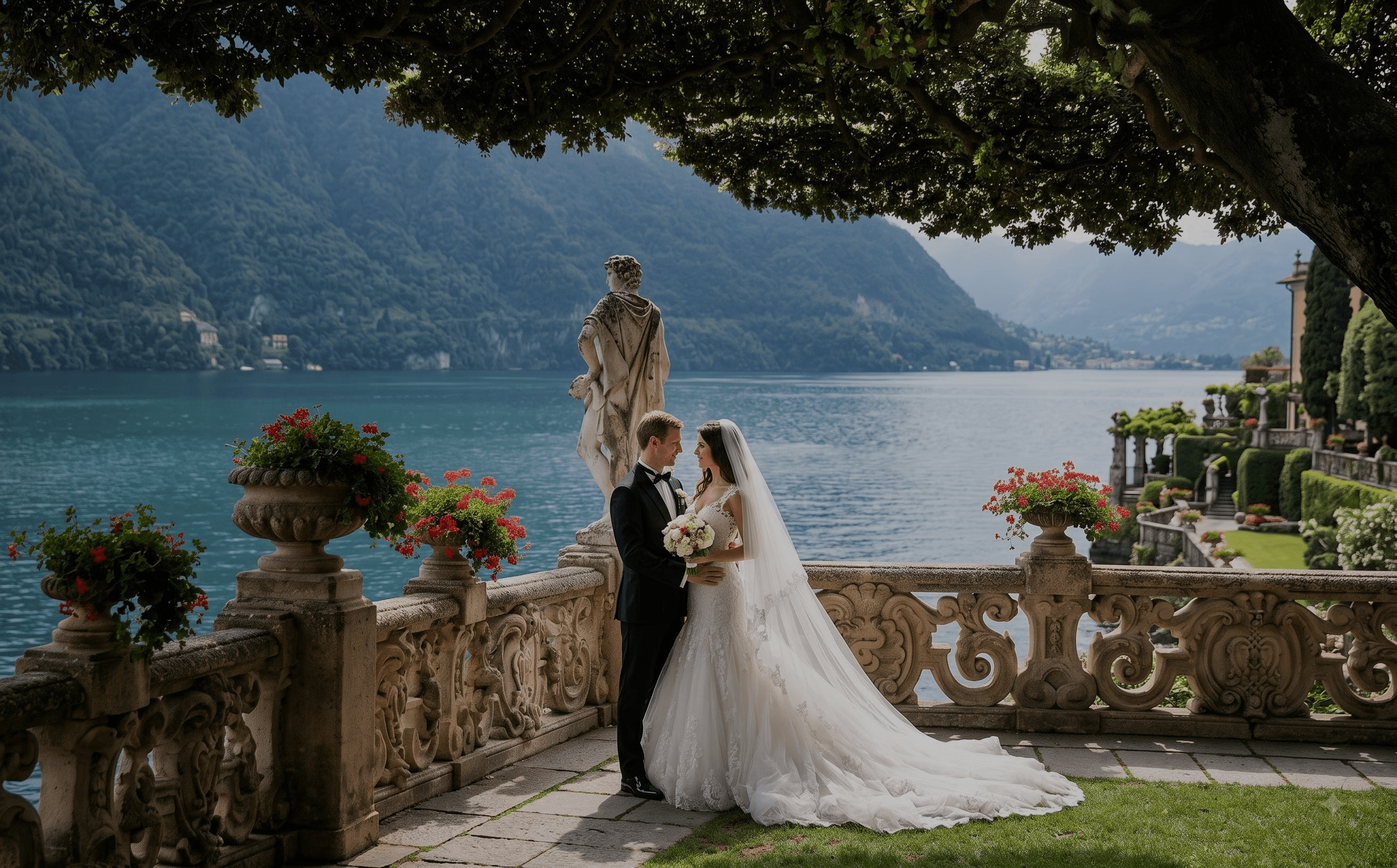 A wedding couple sharing an intimate moment on a stone terrace overlooking a serene lake — a FOREVER US wedding experience